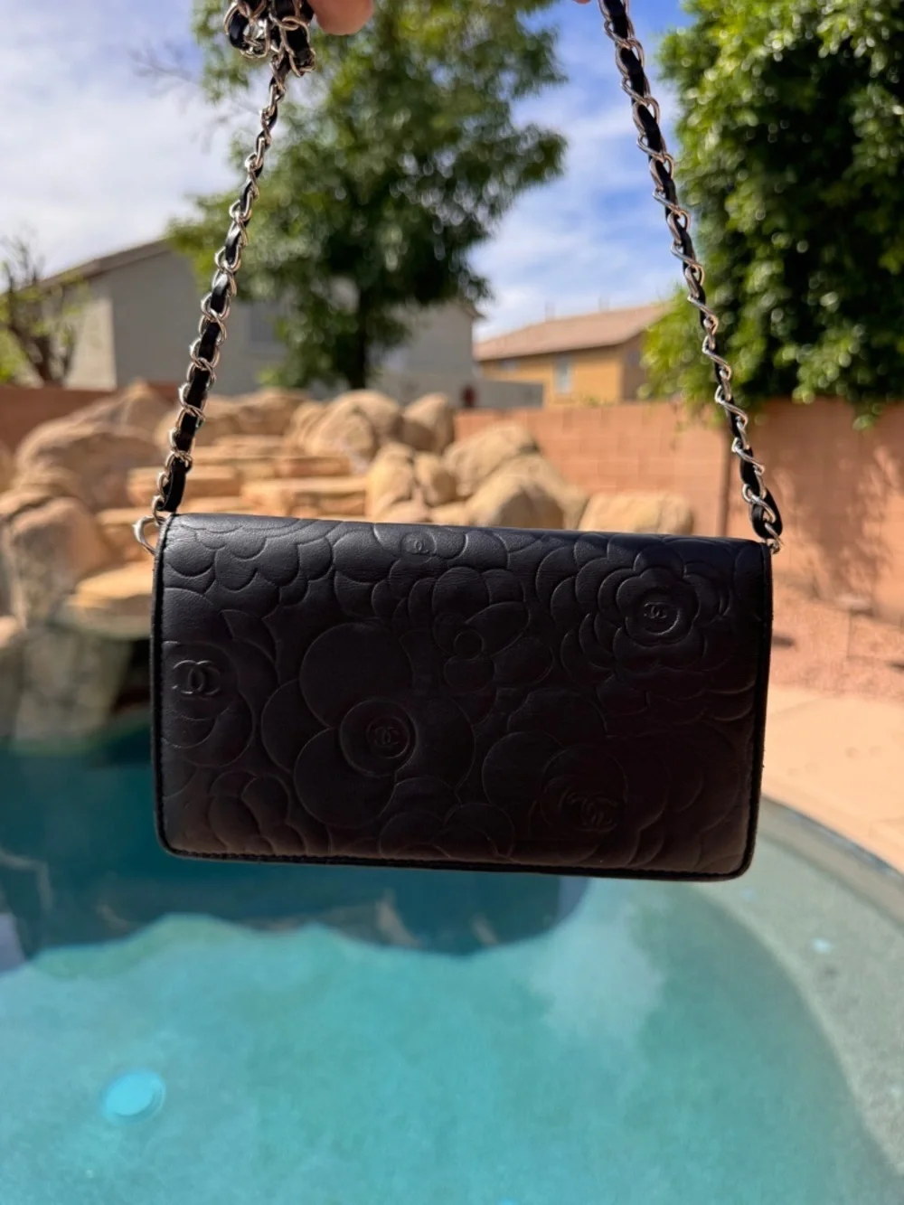 Authentic CHANEL Black Camellia Quilted Leather Shoulder Bag with Chain Strap